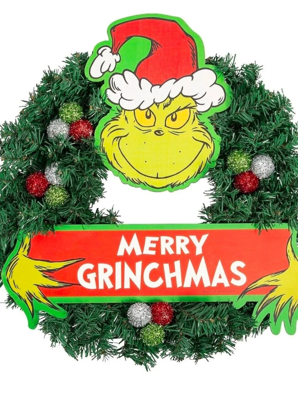 Merry Grinchmas Holiday Wreath - Green and Red, EUC
